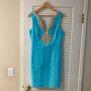 Lilly Pulitzer Janice Shorely Blue Gold Trim Shift Dress, Size 8